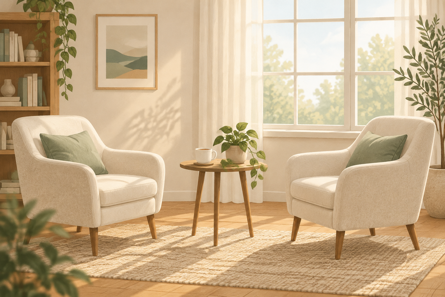 Two armchairs facing each other in a calm, sunlit room